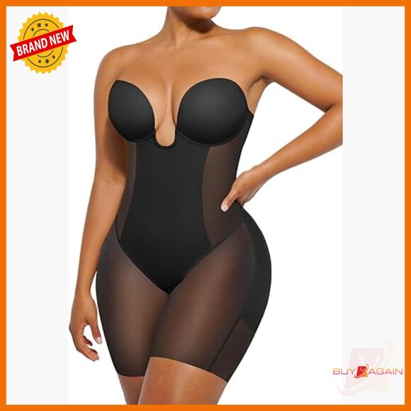 Strapless Shapewear Bodysuit Tummy Control Backless Plunge Mid Thigh